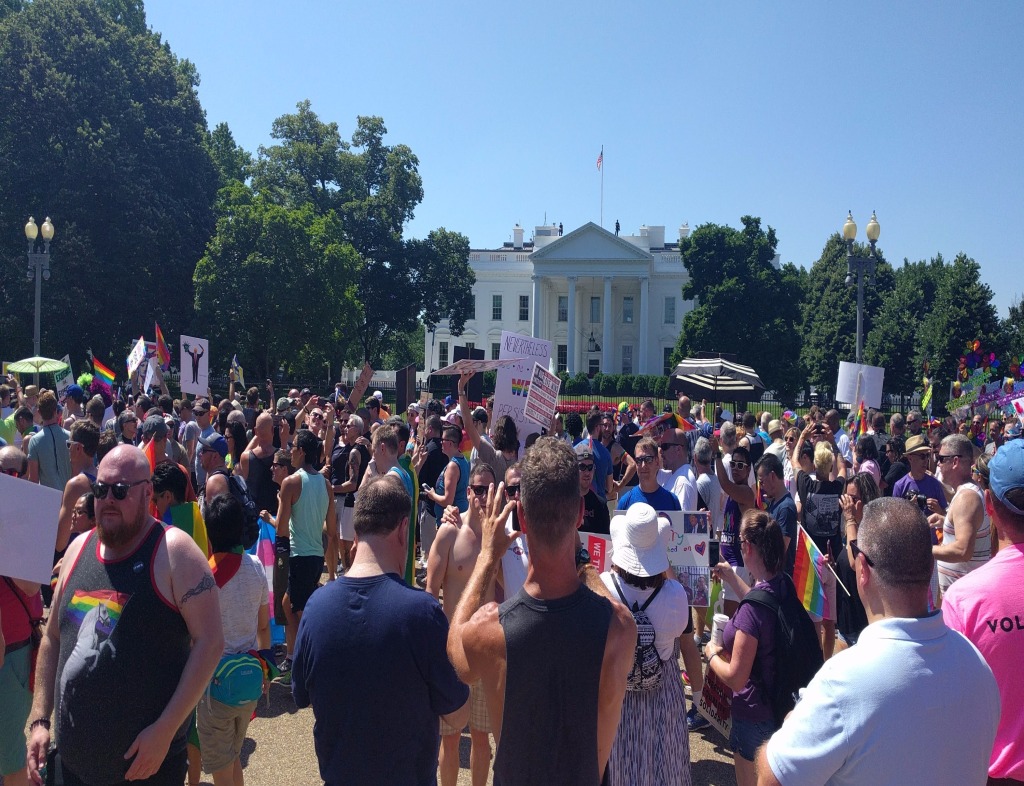 Protestors outside the White House Mansion during the Equality March for Unity and Pride. The sky is blue and cloudless, and people are holding signs and wearing clothes in honor of LGBTQ and Gender Rights.