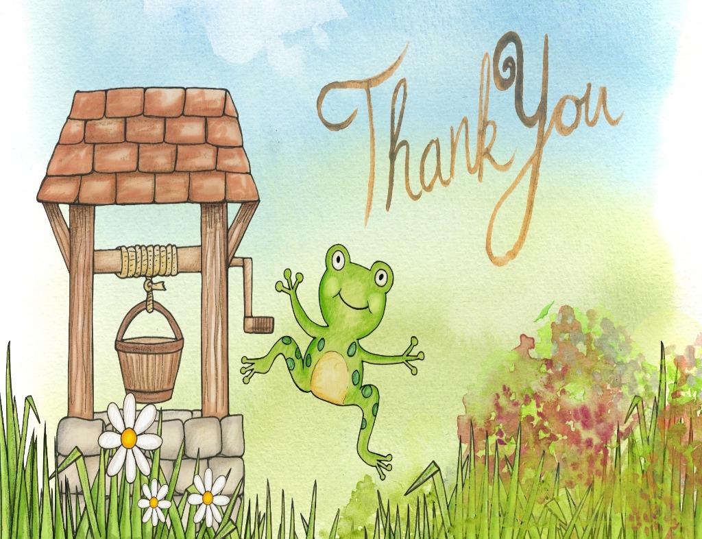 A watercolor painting of a frog saying "Thank You". There is a wooden well to the left with a wooden bucket dangling by light brown yarn. "Thank You" in cursive is written in light brown in front of a blue sky. The green frog is at the center. It is mid-air with its arms open and a smile on its face. It is green and hovering over green grass and flowers than are white and yellow. On the right side in the back, there are red and green shrubs.